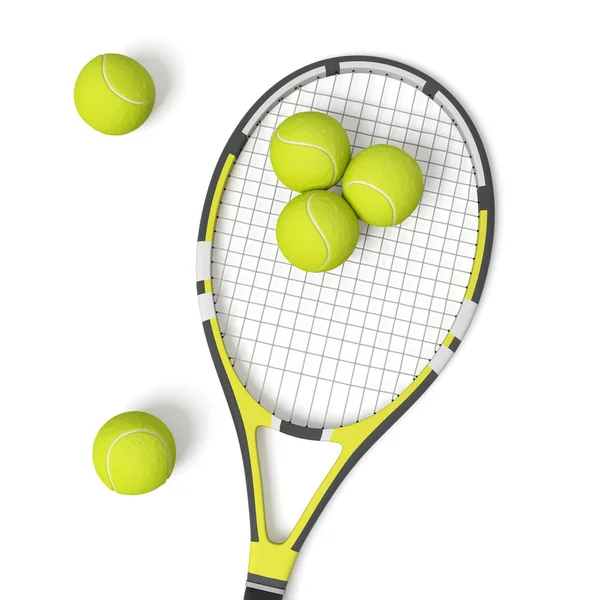 3D-Darstellung eines einzelnen Tennisschlägers, der mit gelben Bällen auf weißem Hintergrund liegt. — Stockfoto