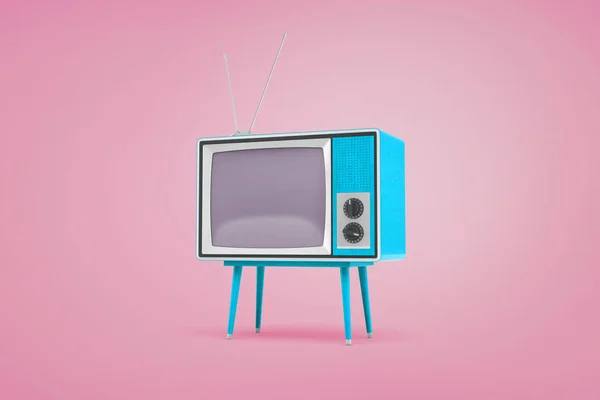 3D-Wiedergabe eines blauen Retro-Fernsehers auf Beinen stehend und mit Antennen oben auf pastellrosa Hintergrund. — Stockfoto