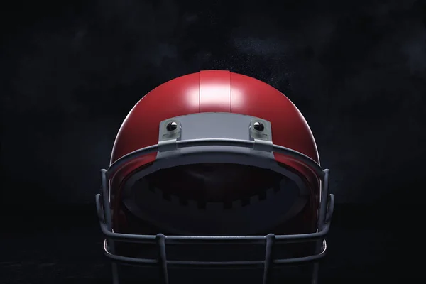 3D-weergave van een rode American football helm met de voorzijde bewaker op een donkere achtergrond. — Stockfoto