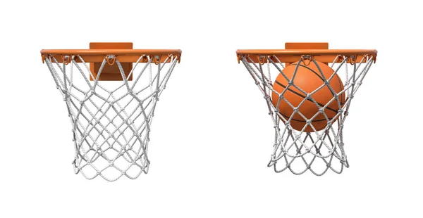 3d rendering of two basketball nets with orange hoops, one empty and one with a ball falling inside. — Stock Photo, Image