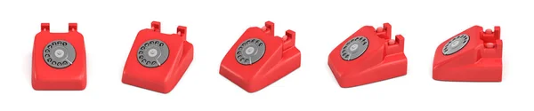 3D-rendering av fem isolerade röd retro roterande telefoner utan mottagare står i olika vinklar. — Stockfoto
