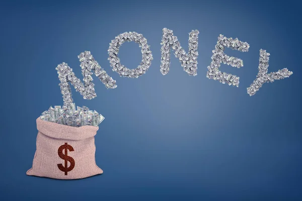 3D-Darstellung einer großen Tüte voller Dollarscheine in der Nähe eines großen Wortgeldes, das aus vielen Banknoten besteht. — Stockfoto