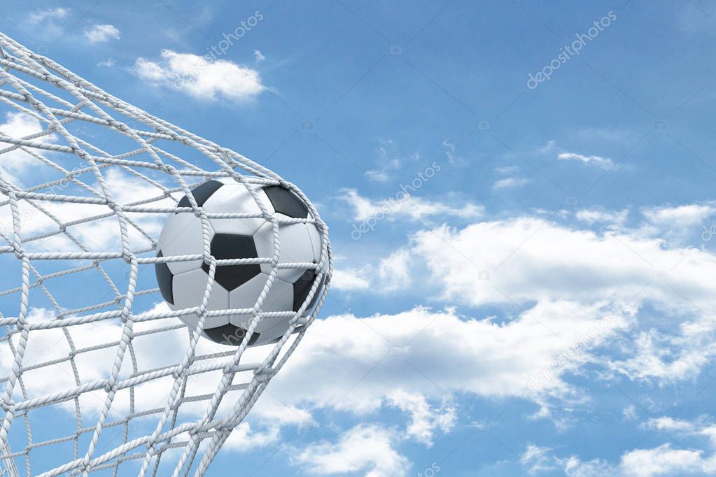 3d rendering of a football ball unable to tear the net from the gates with cloudy sky in the background.