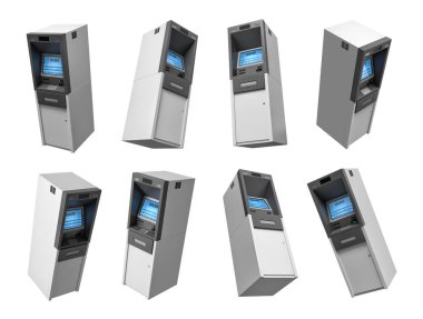 birçok modern banka Atm makineleri farklı görünümlerde beyaz bir arka plan üzerinde uçan 3D render.