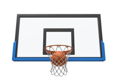 3D render şeffaf boyunluk bağlı bir sepet içinde düşen bir basketbol topu.