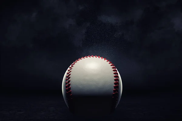 3D renderização de uma única bola de beisebol em uma visão próxima sob um holofote em um fundo escuro . — Fotografia de Stock
