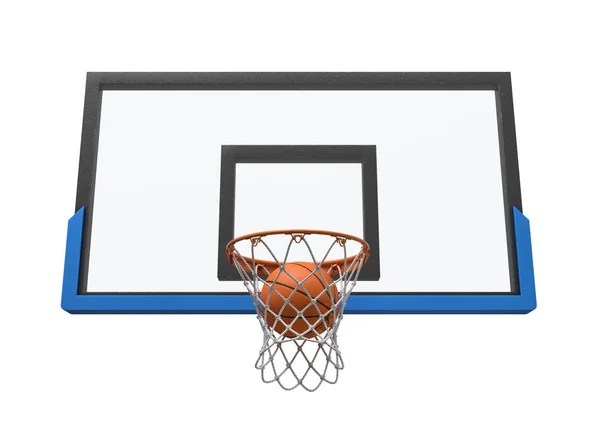 Representación 3d de una pelota de baloncesto que cae dentro de una canasta unida a un tablero transparente . — Foto de Stock