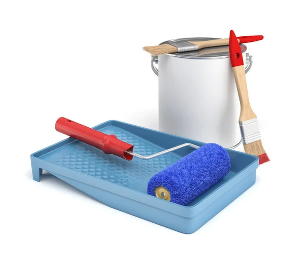 3d rendering of isolated home improvement tools: a paint bucket and a tray, brushes and a roller. — Stock Photo, Image