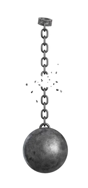 3d rendering of a heavy iron ball hanging below a shackle with a broken chain between them. — Stock Photo, Image
