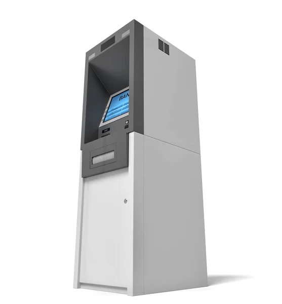 3d renderização de um banco isolado máquina ATM com uma tela azul iluminada no fundo branco . — Fotografia de Stock