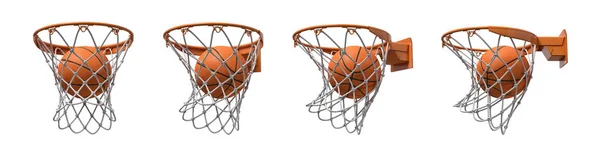 Representación 3d de un conjunto hecho de cuatro canastas de baloncesto con una bola que cae dentro de cada uno de ellos . — Foto de Stock
