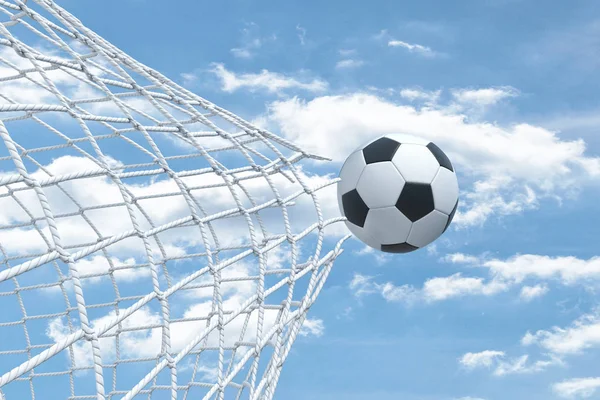 3d representación de una pelota de fútbol volando desde el interior de la red de la puerta y desgarrándola . —  Fotos de Stock