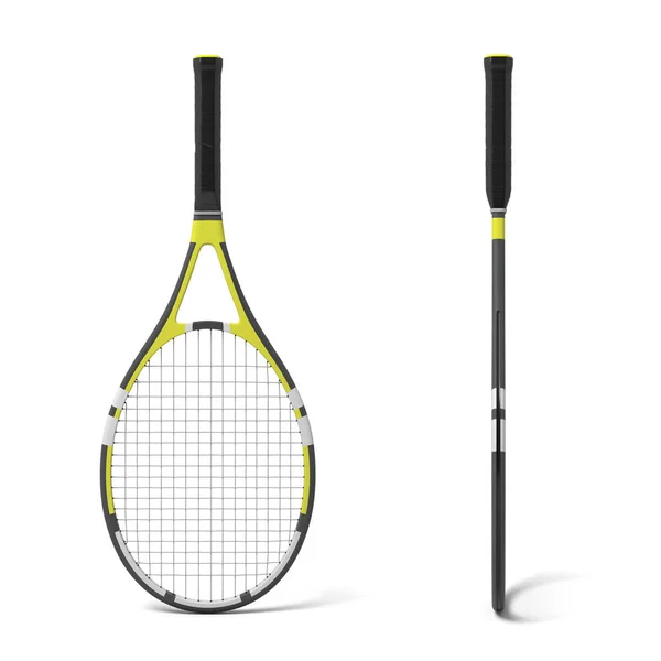 2 つの黒と黄色のテニス ラケットの前と横から見た図の 3 d レンダリング. — ストック写真