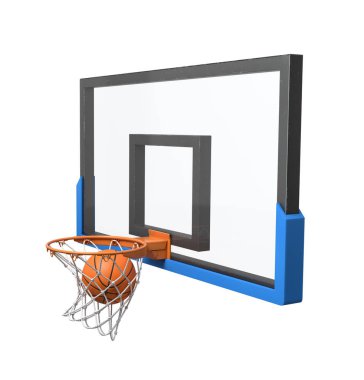 3D render şeffaf boyunluk bağlı bir sepet içinde düşen bir basketbol topu.