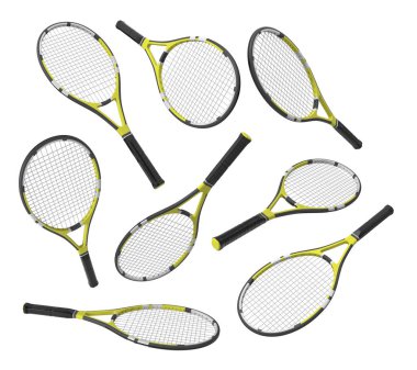 3D render birçok aynı tenis raketleri farklı açılarda asılı arka plan beyaz..