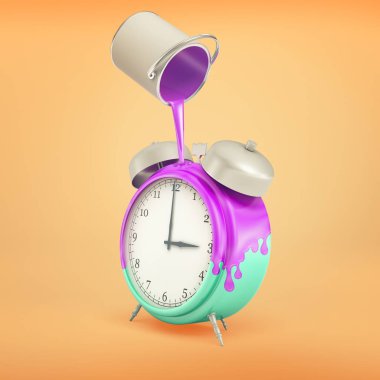 3D render mavi retro alarm blok ile mor boya üzerine bir kutu dökülen bir parlak turuncu arka plan üzerinde duruyor.