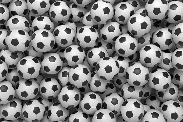 Rendering 3d di un mucchio di palloni da calcio identici sdraiati nel mucchio infinito maiale mostrato dall'alto . — Foto Stock