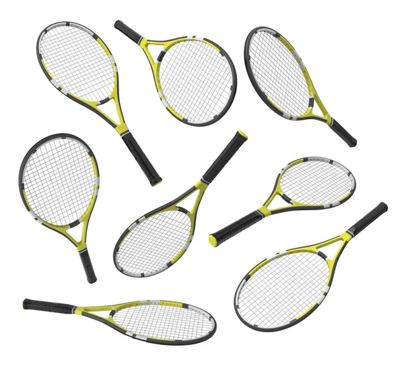 3D-rendering många identiska tennisracketar hängande i olika vinklar på vit bakgrund. — Stockfoto