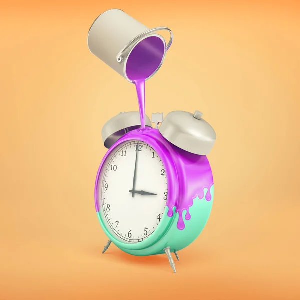 3d representación de bloque de alarma retro azul se levanta sobre un fondo naranja brillante con pintura púrpura vertiendo sobre él de una lata . — Foto de Stock