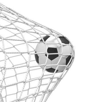 Beyaz arka plan üzerinde kapı içinde net isabet bir futbol topu 3D render.
