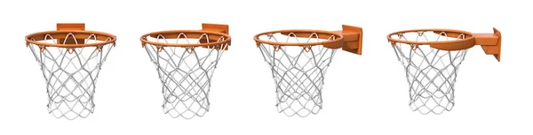 3D visszaadás-ból egy készlet készült négy kosárlabda kosár narancs hurok és rögzítő konzol. — Stock Fotó