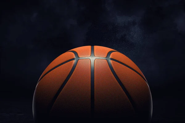 Siyah bir arka plan üzerinde gösterilen bir basketbol topu bir turuncu lastik yüzeyi 3D render. — Stok fotoğraf