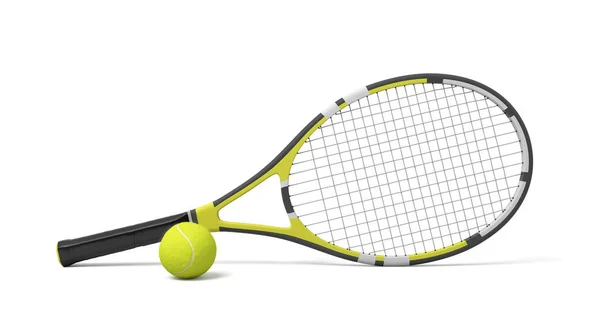 3d rendant une seule raquette de tennis couchée avec une balle jaune sur fond blanc . — Photo