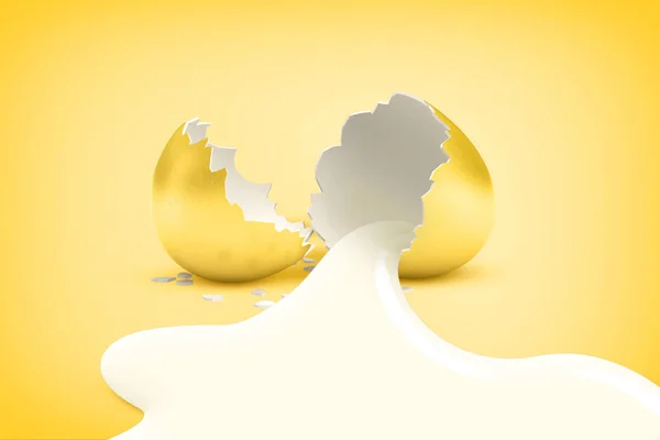 Rendering 3d di un uovo d'oro spezzato a metà con liquido bianco che ne esce su uno sfondo giallo . — Foto Stock