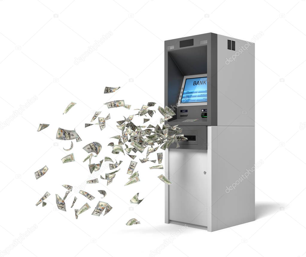 3d rendering of a bank ATM machine with green banknotes flying out of it.