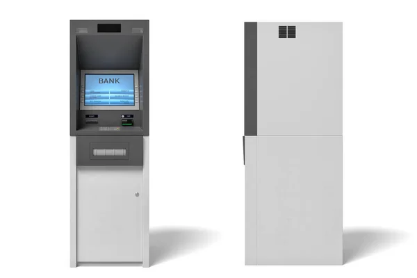 3d renderização de um banco isolado máquina ATM com uma tela azul iluminada no fundo branco . — Fotografia de Stock