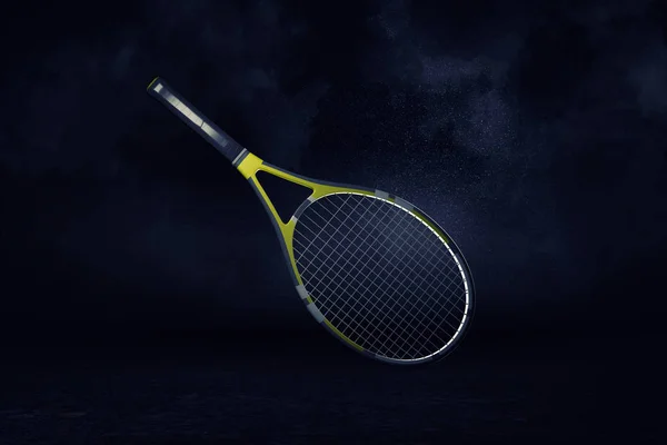 3D-weergave van een gele en zwarte professionele tennis racket opknoping in de spotlight op een witte achtergrond. — Stockfoto