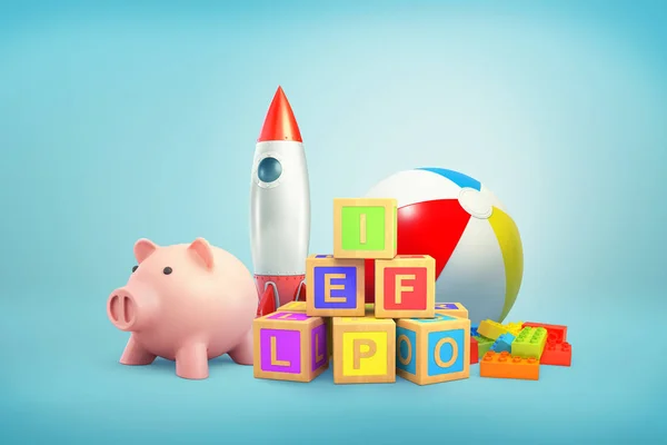 3D-Rendering von Sparschweinen, mehreren Alphabet-Würfeln, Spielzeugblöcken, einer Rakete und einem großen aufgeblasenen bunten Gummiball, der auf blauem Hintergrund steht. — Stockfoto