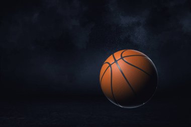 3d rendering of an orange rubber basketball with black stripes hanging under spotlight. clipart