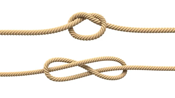 3d rendering of two isolated lines of natural rope with loose knots in their centers. — Stock Photo, Image