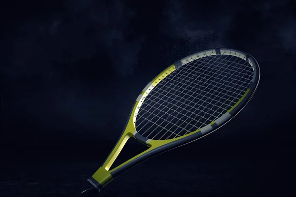 3D-weergave van een gele en zwarte professionele tennis racket opknoping in de spotlight op een witte achtergrond. — Stockfoto