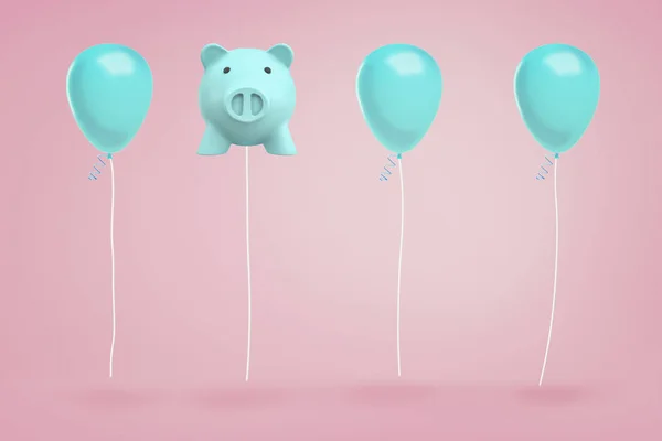 3d 渲染蓝色小猪银行挂在一个字符串像气球之间真正的节日气球粉红色背景. — 图库照片