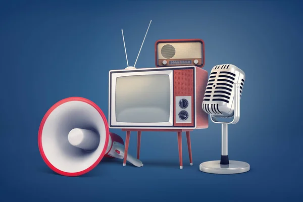 3d rendering of collection of several pieces of vintage equipment: a TV, a radio set, a microphone and a megaphone.