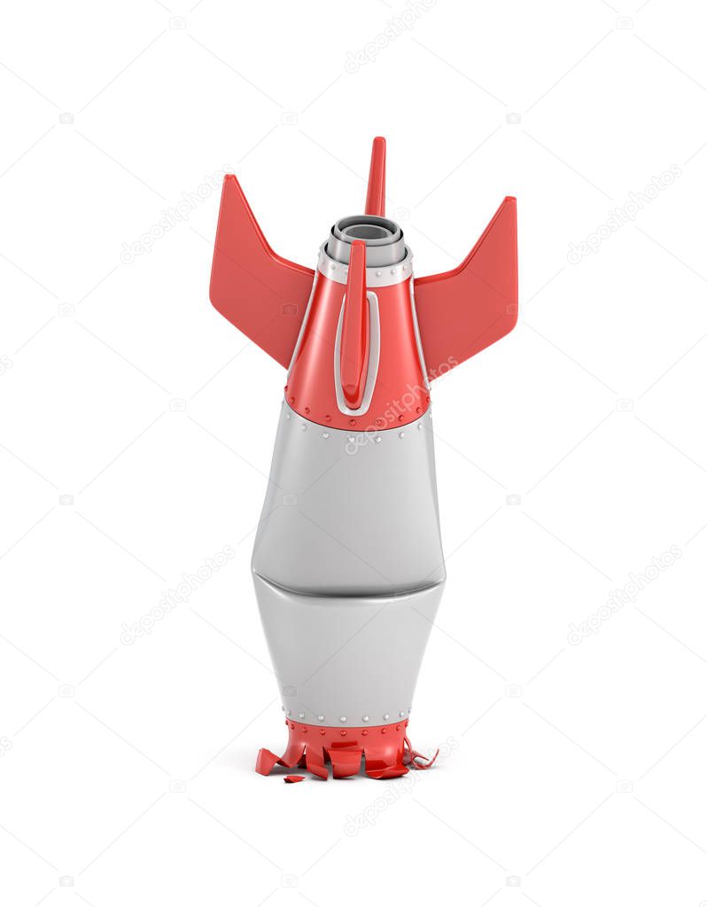 3d rendering of a retro space rocket broken after unsuccessful landing with its nose smashed into the ground.