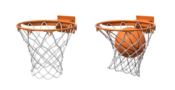 3D-weergave van twee basketbal netten met oranje hoepels, een leeg en één met een bal vallen binnen. — Stockfoto