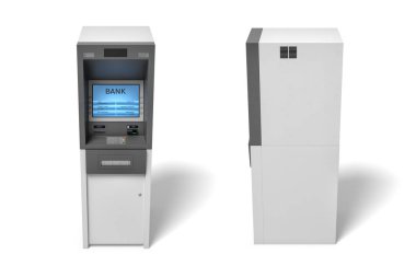 bir izole banka ATM beyaz arka plan aydınlatılmış mavi ekranda ile 3D render.