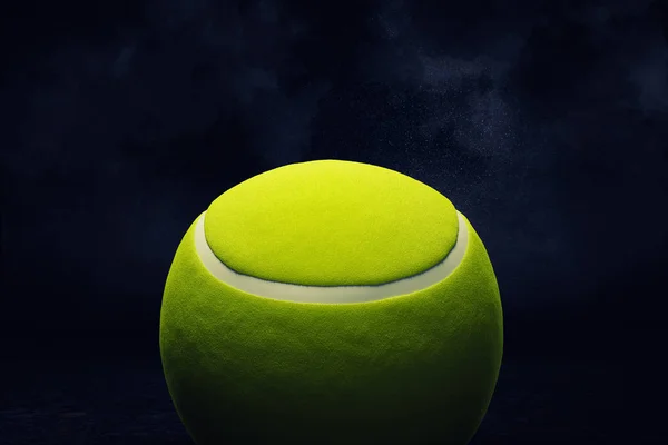 暗い背景に近いビューで表示される黄色のテニス ・ ボールの 3 d レンダリング. — ストック写真