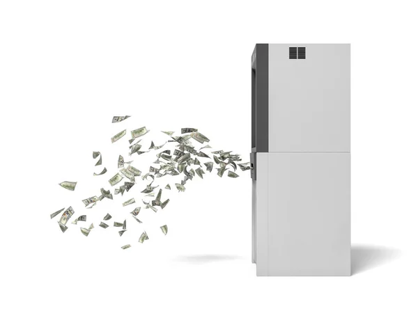 3D-Rendering eines Geldautomaten, aus dem grüne Banknoten fliegen. — Stockfoto