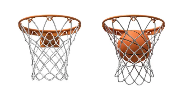 3D render turuncu çemberler, bir boşken ve içinde düşen bir top ile iki basketbol ağlar. — Stok fotoğraf