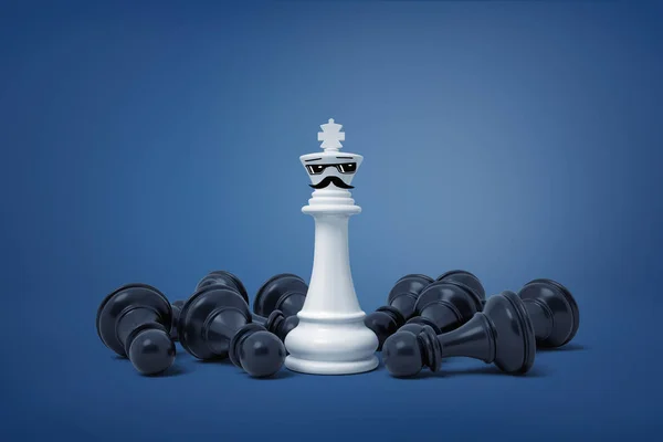Renderowania 3D szachy biały króla z wąsów i malowane okulary stoi otoczony przez upadłego czarne pionki. — Zdjęcie stockowe