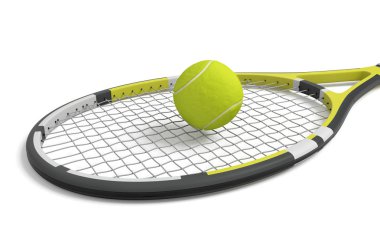 3D render ile yalan bir tek tenis raketi bir sarı top onun kafes baş üstünde.