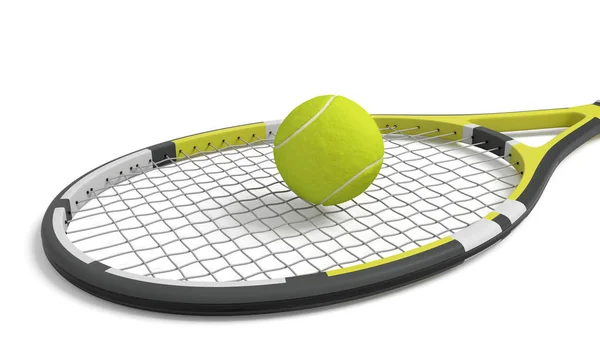 Renderowania 3D rakieta do tenisa pojedynczego leżącego z żółta piłka na czubku jego głowy siatki. — Zdjęcie stockowe