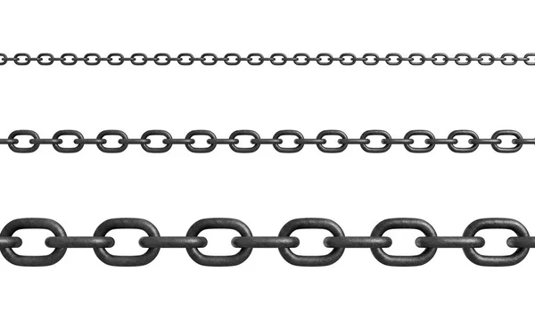 3d renderização de três cadeias metálicas colocadas horizontalmente de tamanho diferente com ligações fortes . — Fotografia de Stock