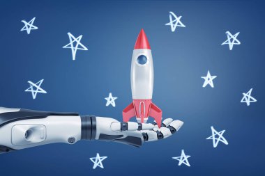 siyah ve beyaz robotik kol 3D render tebeşir yıldız bir zemin üzerine küçük bir retro roket onun Palm'da tutar.