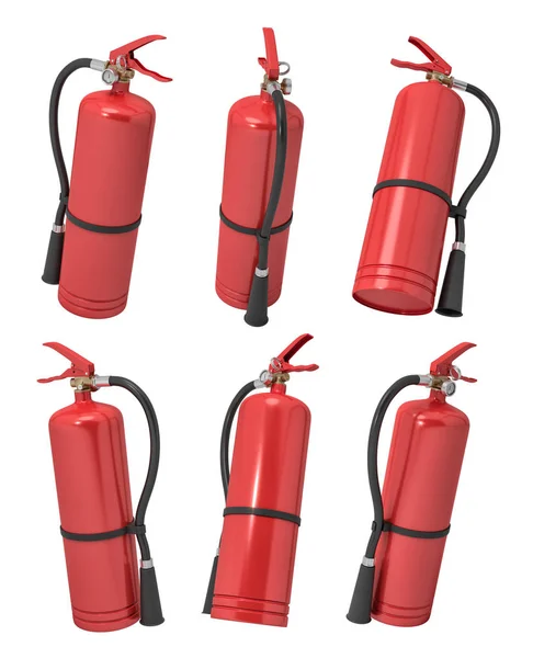 3D візуалізація кількох червоних вогнегасників, показаних з різних кутів на білому тлі . — стокове фото
