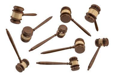 3d rendering of several traditional wooden judge gavels with golden middle hanging in different angles of view. clipart